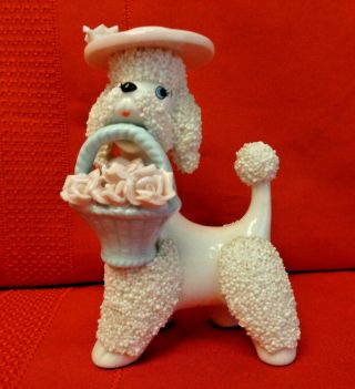 Vintage Ceramic White Poodle Figurine With Popcorn Fur,  Hat And Flowers