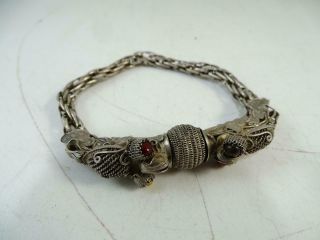 Antique Chinese Tibet Silver Dragon Bracelet Coral Chain China Vintage Figural