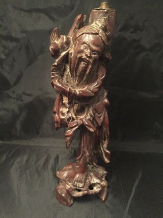 Vintage Antique ? Chinese Carved Wood Lamp Base Figurine