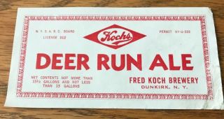 U - Permit Kochs Deer Run Ale 15 Gallon Beer Bottle Keg Label Koch Brg Dunkirk Ny