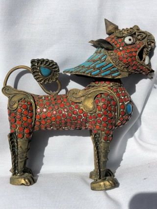 Antique Brass Foo Dog Tibet Nepal Inlaid Filigree Turquoise And Coral