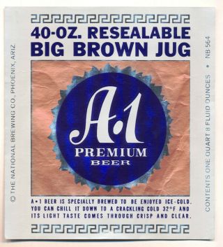 A - 1 40oz Big Brown Jug Beer Label Phoenix Arizona National Brewing 1960s