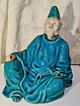 Large Oriental Chinese Turquoise Glaze Mud Man Figure Sumida Style Marked