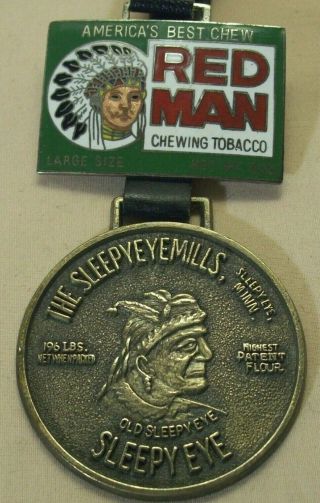 Vintage Sleepy Eye Mills Flour & Red Man Tobacco Advertising Pocket Watch Fobs