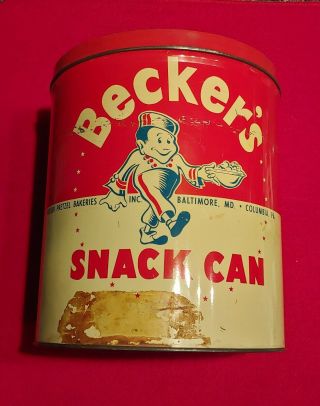 Vintage Becker’s Metal Snack Can,  Baltimore,  Md And Columbia,  Pa