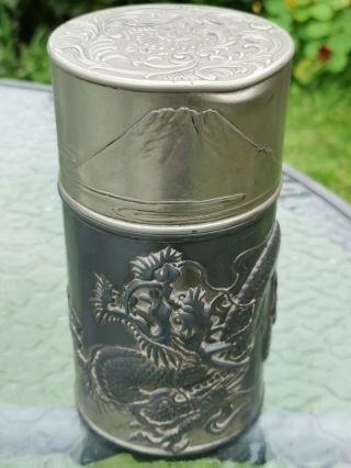 Antique Chinese Pewter Silver Plated Tea Caddy Embossed Good Detail W/ Dragon
