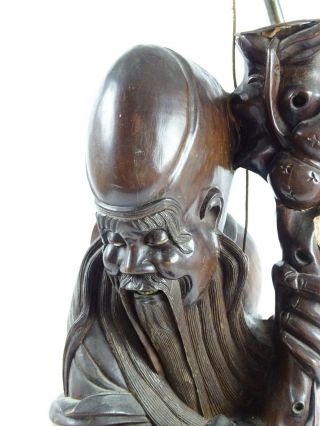 RARE Antique Chinese Qing Dynasty carved Shou Lao Rosewood Figural Lamp China AF 2