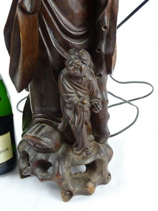RARE Antique Chinese Qing Dynasty carved Shou Lao Rosewood Figural Lamp China AF 5