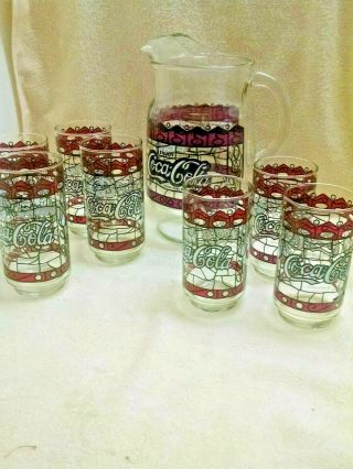 Vintage Coca Cola Pitcher And Glass Tiffany Style Cups 8 Piece Set