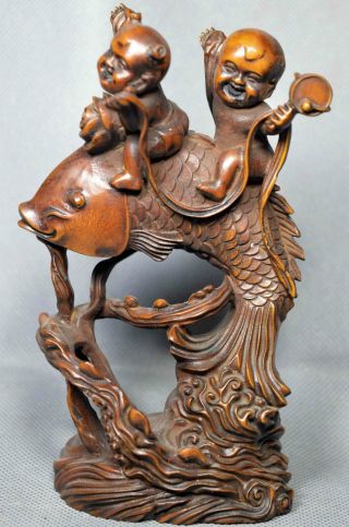 Collectable Royal Handwork Boxwood Carve Children Ride Fish Old Souvenir Statue