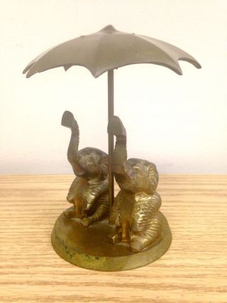 Vintage Brass Trunks Up Elephants Under Umbrella Figurine
