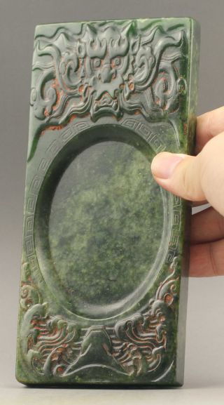 Chinese Old Natural Hetian Green Jade Hand - Carved Double Dragon Inkstone No.  D268