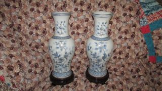 Very Large Japanese Pair Vases Norleans Blue & White On Wooden Bases
