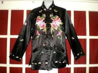 Stunning Antique Chinese Back Silk Jacket/robe W/embroidered Colorful Birds Sz L