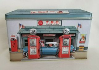 Vintage | Coca Cola Village Collectible Tin | Tbc Service Station With Blue Car
