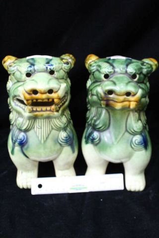 Vintage Detailed Fu Foo Dog Figures Statues Ceramic Glazed Pair Green Brown Blue