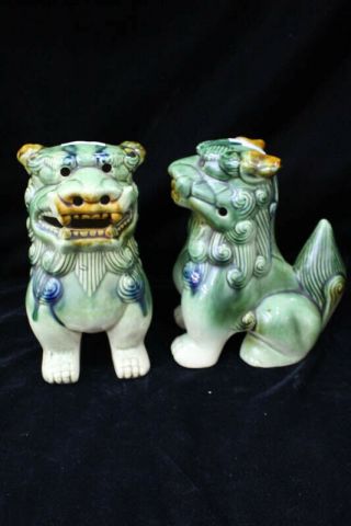 Vintage Detailed Fu Foo Dog Figures Statues Ceramic Glazed Pair Green Brown Blue 3
