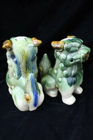 Vintage Detailed Fu Foo Dog Figures Statues Ceramic Glazed Pair Green Brown Blue 5