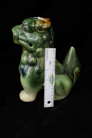 Vintage Detailed Fu Foo Dog Figures Statues Ceramic Glazed Pair Green Brown Blue 6