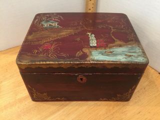 Antique Chinese Lacquer Box With Opulent Paintings.