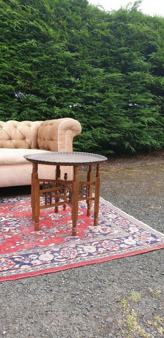 Antique Vintage Islamic/mogul Style Brass Tray Table On Wooden Folding Legs