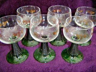 Set Of Six Garsberg Beehive Green Stemmed Wine Glasses