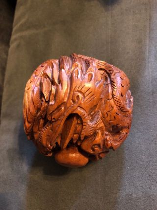 Antique Vintage Hand Carved Japanese Boxwood Netsuke Dragon Ball Dark Wood