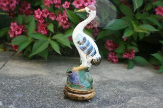 Chinese Bronze Cloisonne Painted Crane Bird Figure Statue On Wooden Stand
