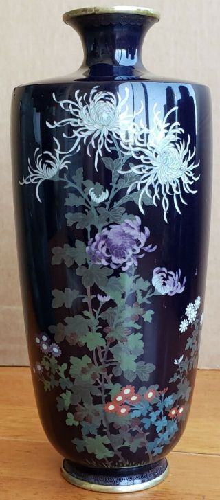 Antique Japanese Ginbari Cloisonne Vase Dark Blue 7 Inch