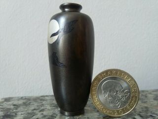 Miniature Antique Vintage Bronze Mixed Metal Vase Japanese Meiji? Geese Moon