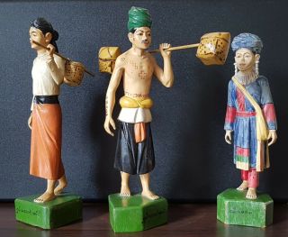 Rare 1950s Antique Oriental Hand Crafted Painted Wood Burmese Shan Figures 21cms