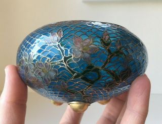 Vintage Antique Chinese Plique A Jour Cloisonne Floral Glass Tripod Footed Bowl