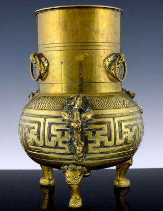 UNUSUAL 19THC CHINESE OR JAPANESE GILT BRONZE FIGURAL RING HANDLED VESSEL VASE 3