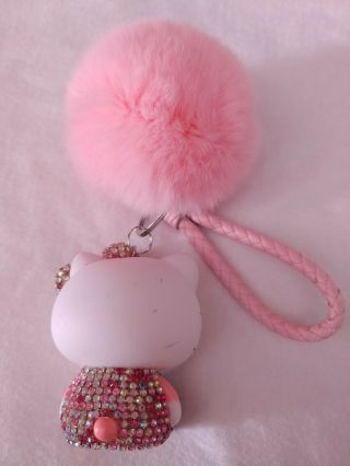 Pink Hello Kitty Cat Key Chain Keyring Plush Fluffy Ball Car Bag Pendant Bell 2