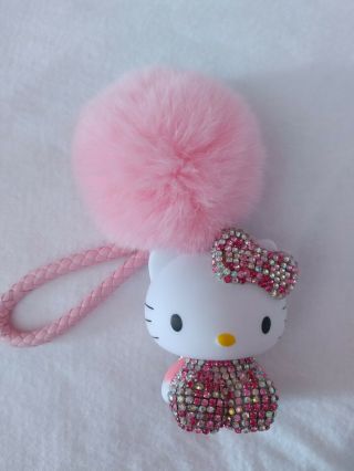 Pink Hello Kitty Cat Key Chain Keyring Plush Fluffy Ball Car Bag Pendant Bell 3