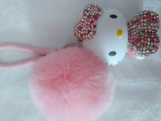 Pink Hello Kitty Cat Key Chain Keyring Plush Fluffy Ball Car Bag Pendant Bell 4