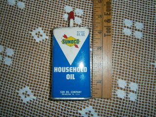 Vintage Sunoco Household Oil Can Sun Red Cap Estate Find Gas Pump On Back 4 Oz.