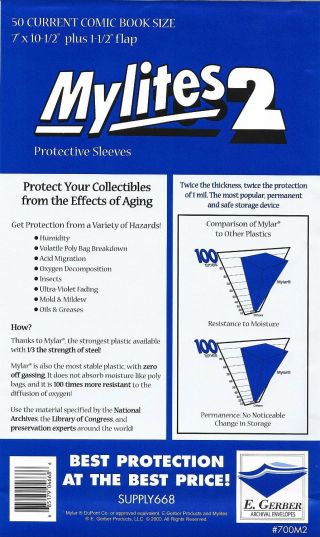 50 Mylites2 Current (modern) 2 Mil Mylar Comic Sleeve Bags By E.  Gerber 700m2