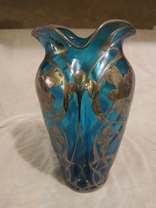 Loetz 13 Inch Sterling Silver Overlay Art Nouveau Vase
