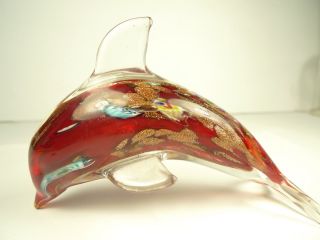 Hand Blown Venetian Italian Red Millefiori Aventurine Glass Dolphin Figurine