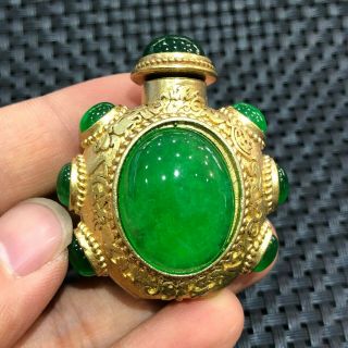 Collectible Handwork Brass Inlay Green Jadeite Jade 9 Beads Chinese Snuff Bottle