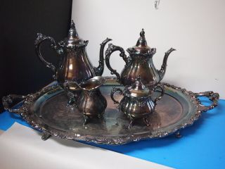 Vintage Wallace Baroque Silver Plate Coffee And Tea Set W/tray