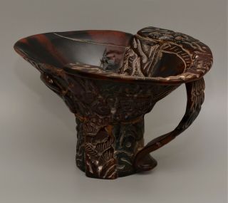 Rare Chinese C18th Style Late Qing C1900 Carved Buffalo Horn Libation Cup