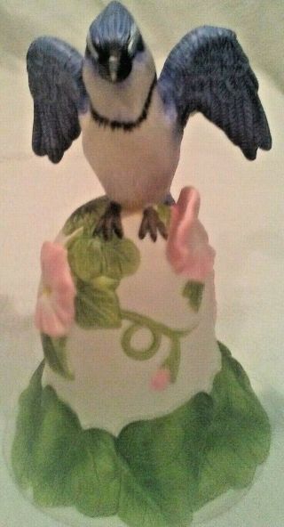 2001 Avon Bell Blue Jay Bird Ontop Of White Bell Wi/ Pink Flowers Ceramic 6 "