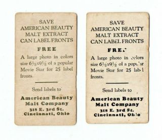 American Beauty Malt Company Movie Star Cards - Cincinnati,  Ohio - 2 Stars