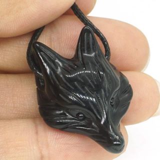 1.  37 " Fox Head Black Obsidian Stone Animal Pendant Carved Necklace Jewelry