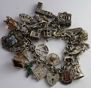 Wonderful Heavy Vintage Solid Silver Charm Bracelet & 22 Charms.  Rare,  Open,  Move