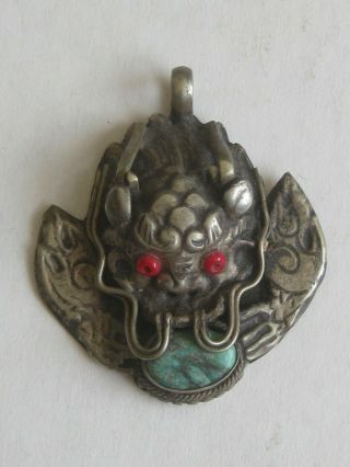 Fine Old Tibetan Chinese Dragon Silver Coral Turquoise Necklace Amulet Pendant