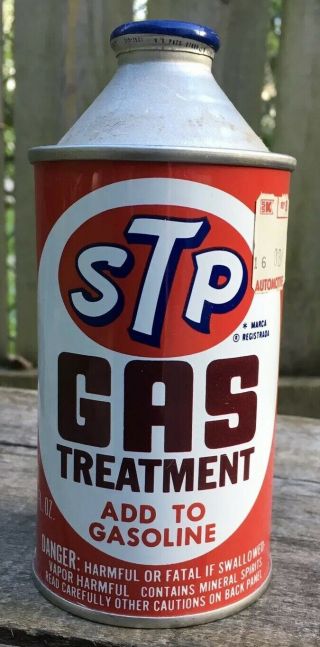 Vtg Stp Gas Treatment Cone Top Metal Tin Can Advertising Petrol 12 Oz Full Can