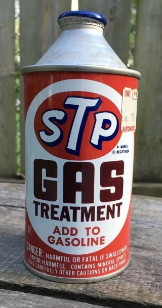 Vtg STP Gas Treatment Cone Top metal Tin can advertising petrol 12 oz full can 2
